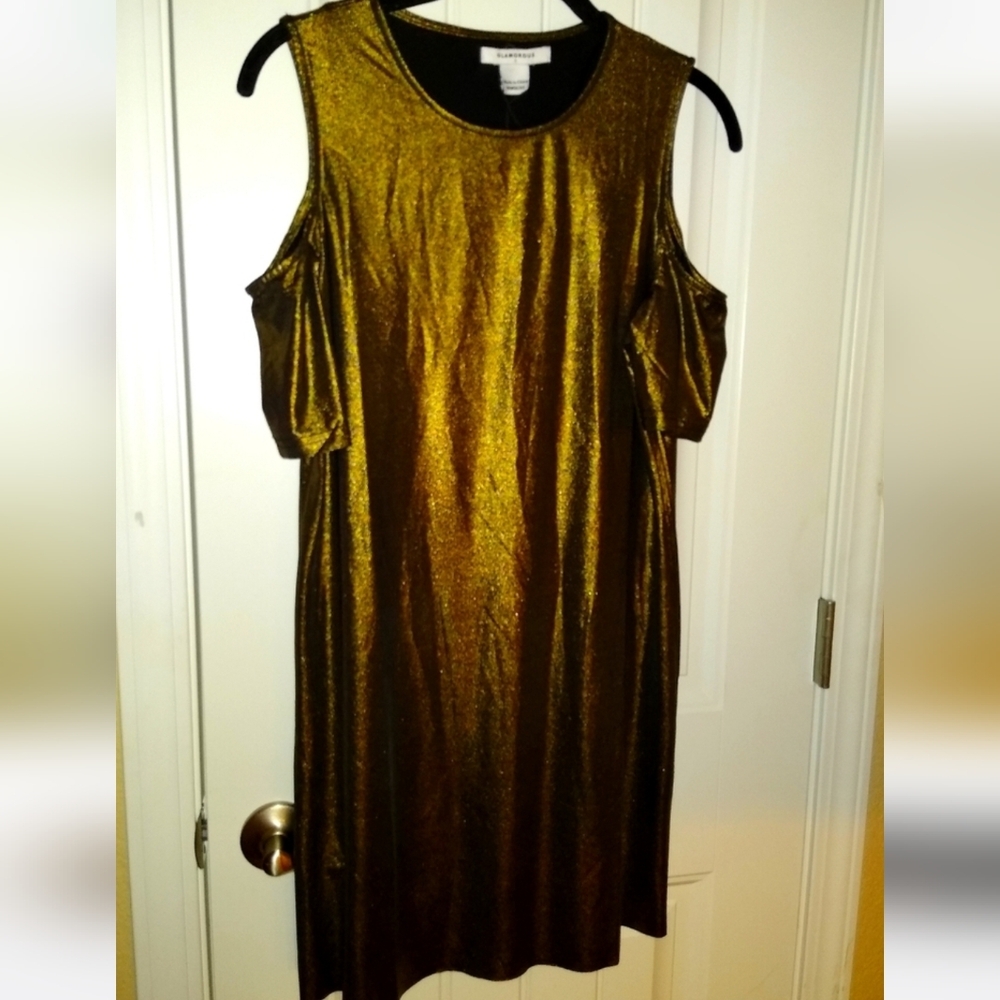 NWT Glamorous Gold Bronze Copper Metallic Cocktail Dress Cold Shoulder Lady's S